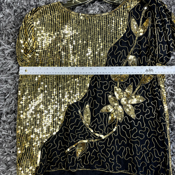 Women's Jean for Joseph Le Bon Silk Sequin Beaded Black Gold Formal Top- Size L - Picture 4 of 7